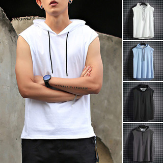 Alm-men Áo Vest Mùa Hè Có Mũ Dây Rút Màu Trơn Rời Áo Chui Đầu Thể Thao Mềm Mại Không Tay Mùa Hè