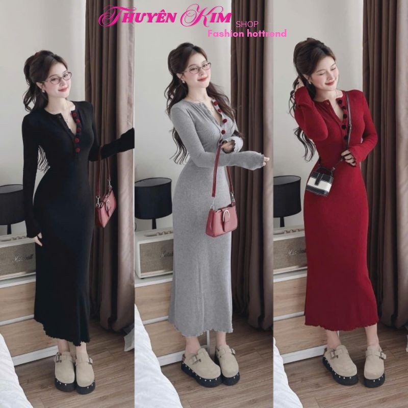 Đầm váy dài, đầm đi tiệc, váy ôm body, đầm body Tăm Lạnh tay dài cài nút bọc dáng dài tay bo
