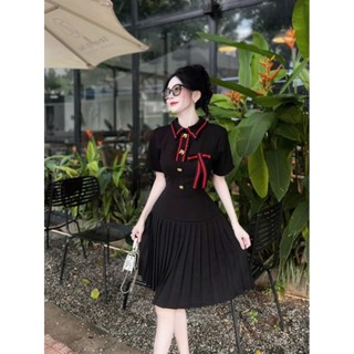 Bigsize Đầm nữ phối xếp li đính nơ viền đỏ 55-95kg D356