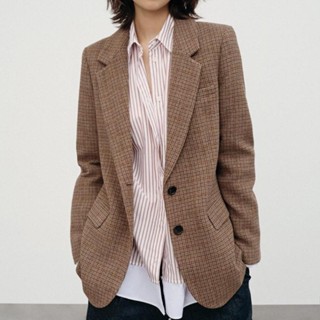 Blazer áo khoác Zara made in Morocco dạ len caro nâu lót lụa sang đẹp