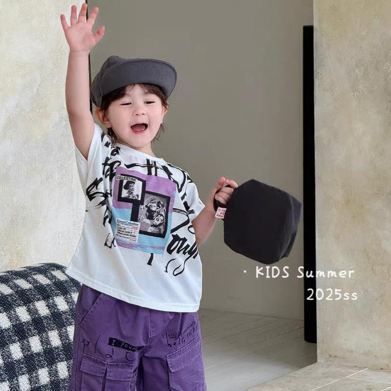 Áo thun bé trai cotton nguyên chất bé trai ngắn tay đẹp trai bé trai bé trai đẹp trai20250427