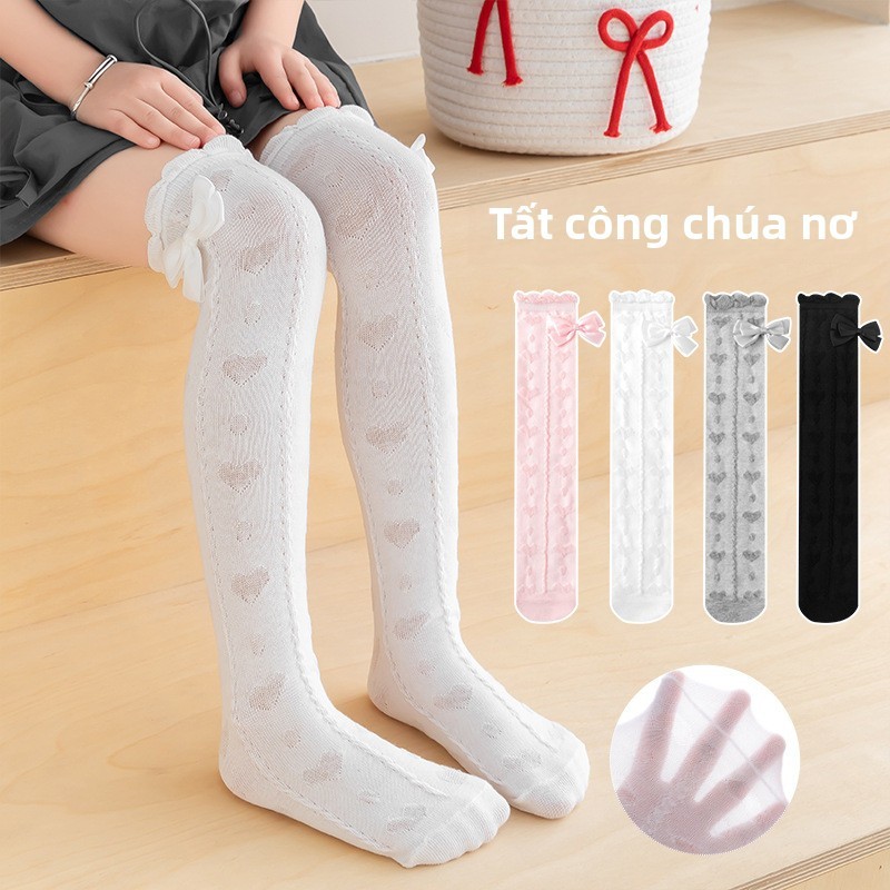 Tất Trên Đầu Gối Bé Gái Xuân Hè Mỏng Lược Cotton Thoáng Khí Chống Muỗi Nơ Tình Yêu Ống Dài 3-