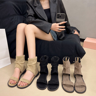  Retro Dày Gót Thích Hợp Thiết Kế Giày Sandal La Mã Nữ Mùa Hè 2025 Phong Cách Mới Phiên Bản Hàn Quốc Có Dây Kéo Lưng Giày Sandal Giày Bốt 