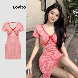 Đầm Lovito hta caro có nơ phía trước phong cách Boho cho nữ L91AD198