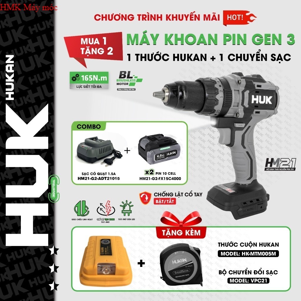 Máy khoan pin HUKAN G3-F165PRO, Động cơ Không chổi than, 165Nm Chống lật cổ tay, Tạo xung HMK Máy Mó