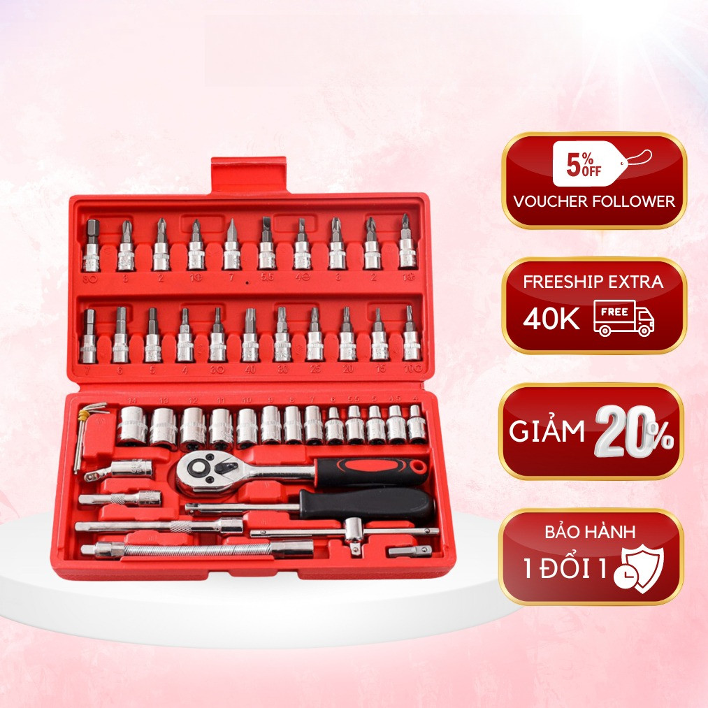Bộ dụng cụ mở Bu lông ốc vít đa năng 46 chi tiết, Bộ dụng cụ sửa chữa oto xe máy 46 món, Bộ tua vít