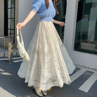 Váy Ren Pháp Nữ Xuân Hè Cao Cấp Giữa Chiều Dài Đơn Giản Phù Hợp Với Váy Chữ a Tính Khí Drape Váy Xếp Ly Viền Lớn Váy Rỗng Quần Áo Nữ