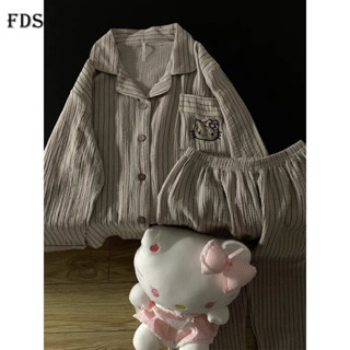 Đồ ngủ mèo kitty sọc đơn giản phong cách Instagram quần dài tay mẫu mới mùa xuân thu cho nữ Bộ đồ mặc nhà hoạt hình dễ thương kiểu Nhật