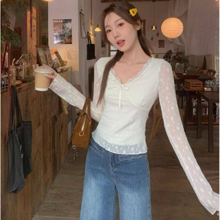 Áo ren mơ nữ BH kiểu Pháp có dây buộc cổ chữ V dài tay