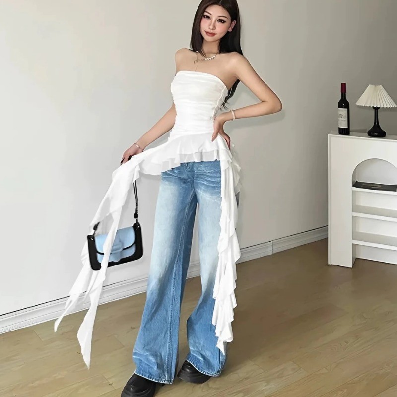 Áo mùa hè mới cho nữ, gợi cảm, bèo nhún, viền ren không đều, áo ống không dây，Màu trơn, vừa vặn | BigBuy360 - bigbuy360.vn