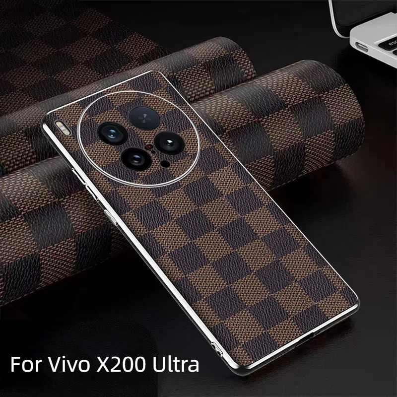 Dành Cho Vivo X200 Ultra X200Ultra Ốp Lưng Màu Nâu Sang Trọng Da PU Mạ Điện TPU Ốp Lưng PC Cứng Vỏ Đ