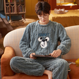 Bộ Đồ Ngủ Lông Cừu San Hô Nam Thu Đông Lông Cừu Lót Dày Ấm Áp Flannel Phong Cách Mới Nam Homewear Phù Hợp Với