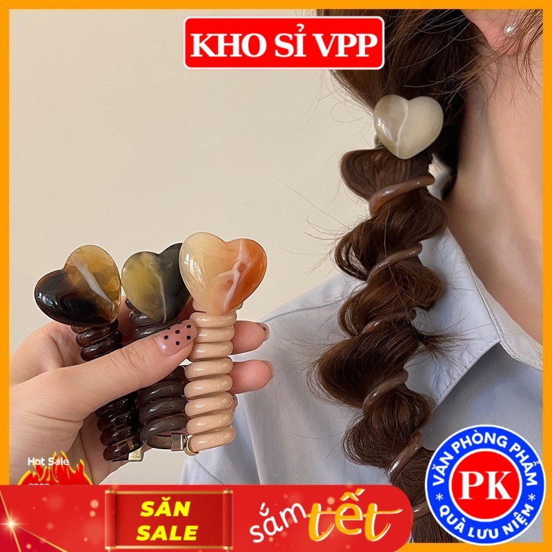 Chun cột tóc xoắn ốc cao xu lò xo co dãn đính trái tim, dây buộc tóc đuôi ngựa, phụ kiện cuốn tóc tạ