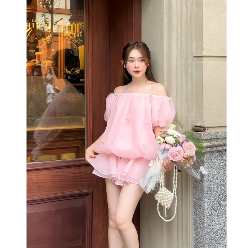 (KÈM QUẦN SHORT) Set áo váy trễ vai chất tơ kèm quần đính nơ tiểu thư Dilyshop Top
