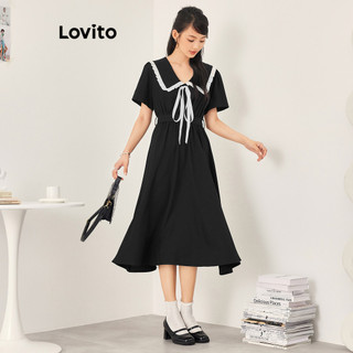 Đầm Lovito buộc dây phối viền tương phản màu trơn xếp ly phong cách thường ngày cho nữ LNA07018 (đen)