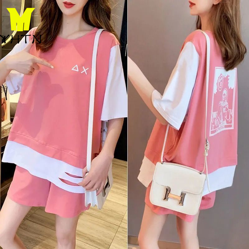 YHTN đồ bộ bầu quần áo mùa hè set bầu xinh dễ thương Thời trang bigsize bầu xinh