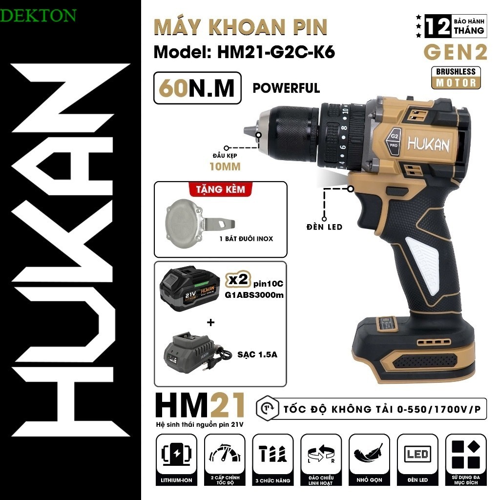 Máy khoan pin HUKAN HM21-G2C-K6, Động cơ Không chổi than, 3 Chức năng. DEK.TON