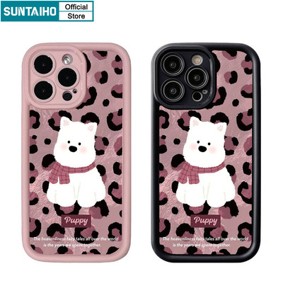 Suntaiho Độc Đáo Ngộ nghĩnh Vỏ Da Báo Họa Tiết Chó Trắng Cho Iphone 16 15 14 13 12 11 Pro Max IP 7 8 Plus Iphon X Xs XR Xs Max Silicon Mềm Cao Cấp Chống Sốc Ốp điện thoại