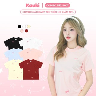  Combo 3 áo baby tee cotton KaukiVn áo thun nữ thêu nơ phong cách dễ thương 250gsm CBBT25 