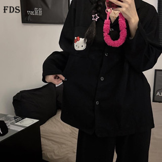 Quần dài tay mùa xuân thu cao cấp màu đen phong cách Hàn Quốc FDS Instagram Bộ đồ ngủ phong cách nhẹ nhàng hoạt hình dễ thương cho nữ trong nhà