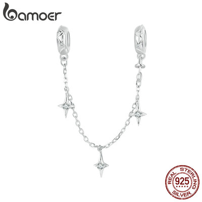 Bamoer 925 Sterling Sliver Charm Hạt Dây Xích An Toàn Thiết Kế Ngôi Sao Tự Làm Cho Vòng Tay Quà Tặng Cho Nữ Scc2789