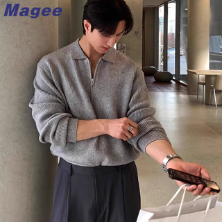  Magee Áo sơ mi polo nam mới phiên bản Hàn Quốc cổ điển cao cấp nửa dây kéo màu trơn thiết kế dệt kim phong cách trưởng thành cặp đôi tuổi teen thời trang hàng đầu 