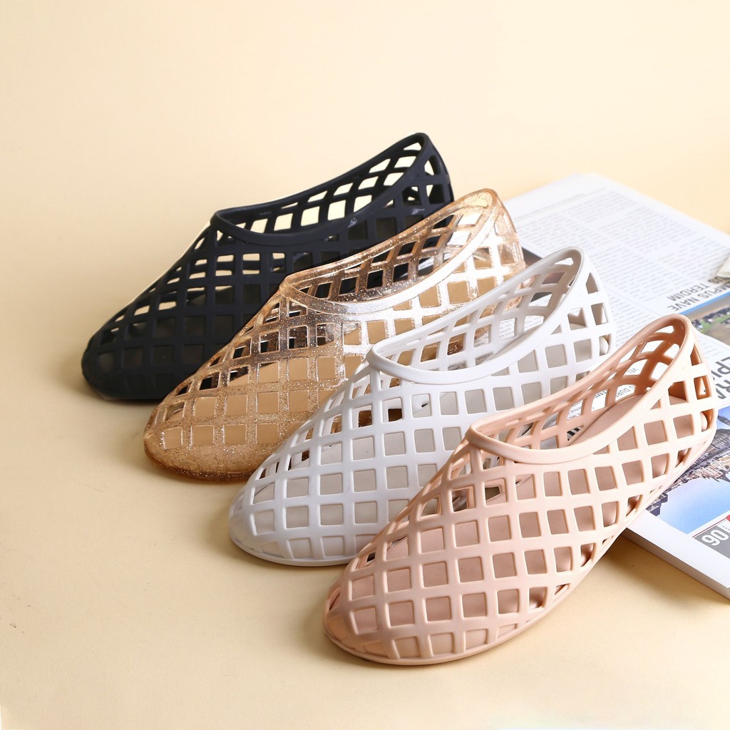 Giày lưới di động có lỗ, dép rỗng không trượt, giày gel thoáng khí, giày pha lê siêu nhẹ, giày đơn dễ mang, giày lười