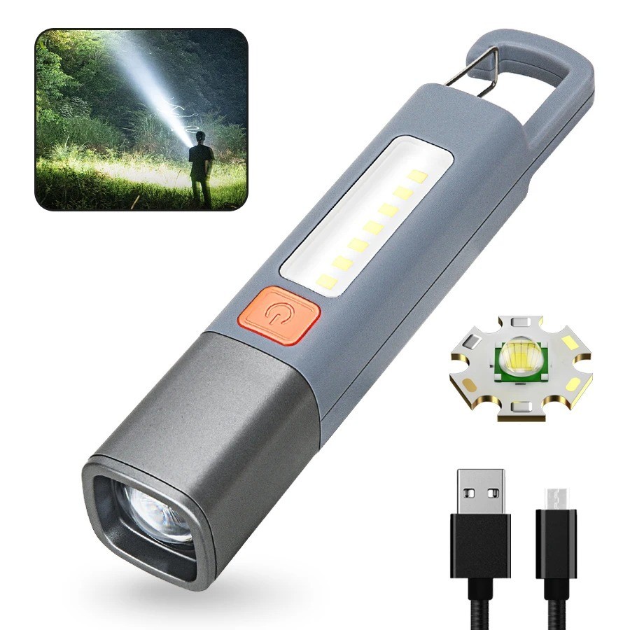Mini Di Động Đèn Pin LED USB Sạc Có Móc Đèn Pin Zoomable Cắm Trại Ngoài Trời Đi Bộ Đường Dài Đèn Lồng Khẩn Cấp