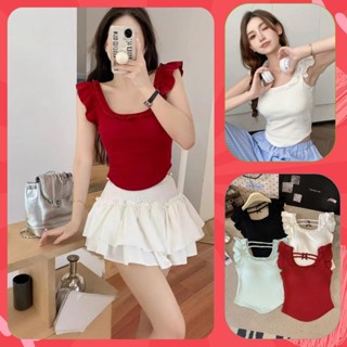 Áo croptop có mút tay hến cổ vuông đín nơ bánh bèo ôm body áo thun chất co dãn mềm mại  AT44