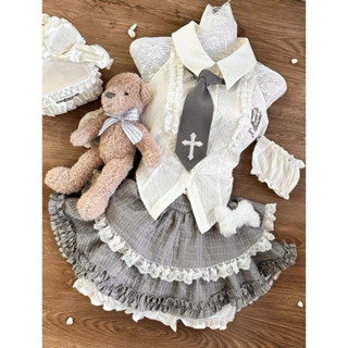 Set Hai Mảnh Áo Sơ Mi Tay Ngắn Trễ Vai + Chân Váy 2 Tầng Bồng Kèm Cà Vạt Thời Trang LOLITA Tiểu Thư Công Chúa