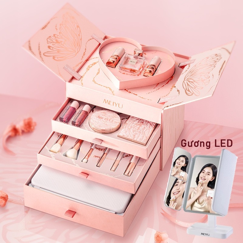 Bộ Quà Tặng Trang Điểm 4 tầng MEIYU Hồng trái tim, Quà tặng bạn gái, người yêu đầy đủ 14 món kèm Gươ