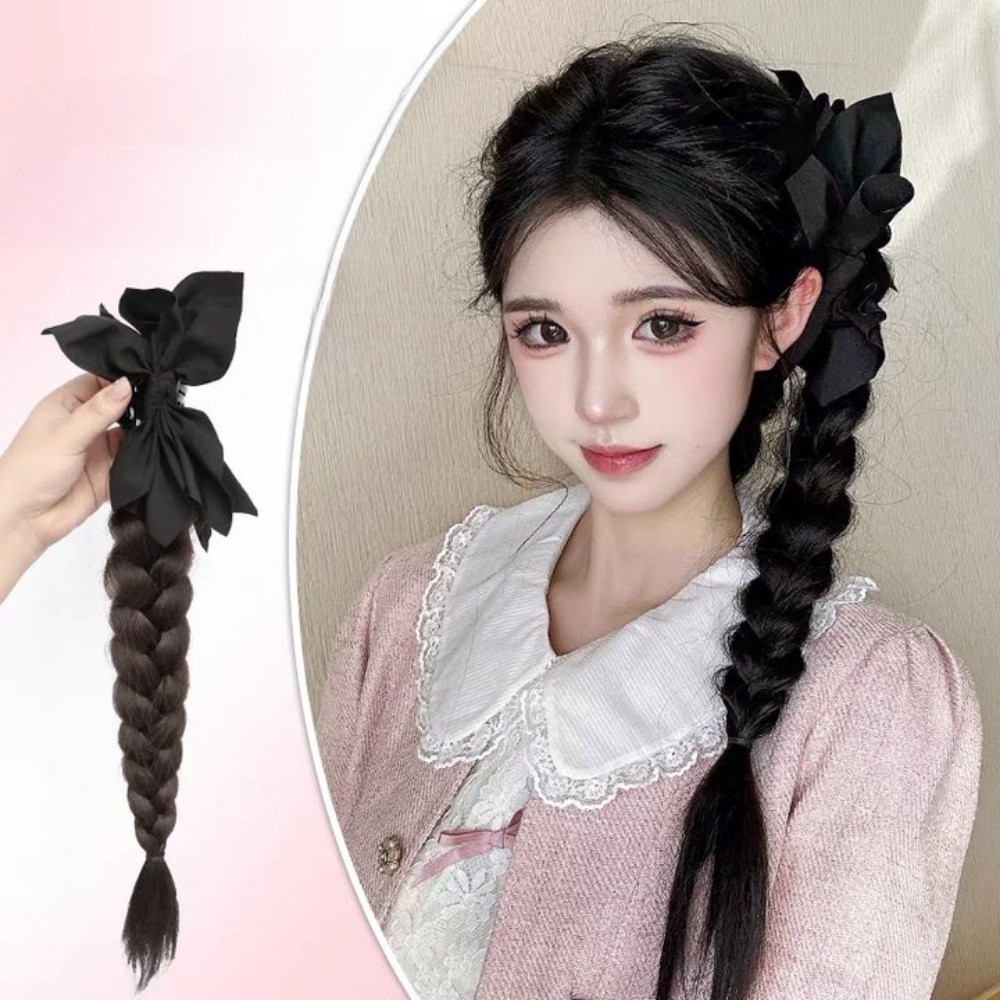 Natural Black Bowknot Twisted Braid Clip Wig for Woman Simulation Fake Ponytail Hair Extension