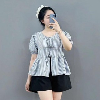 Set bigsize nữ áo sơ mi dễ  thương  phối quần kẻ sọc buộc nơ xinh xắn cho Chuppy 55kg - 95kg (SET Q500+A190)