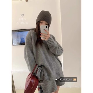 Bộ hai chiếc Áo len dài tay màu xám thường ngày phong cách Hàn Quốc mùa thu đông Quần đùi ống rộng cạp cao cho nữ