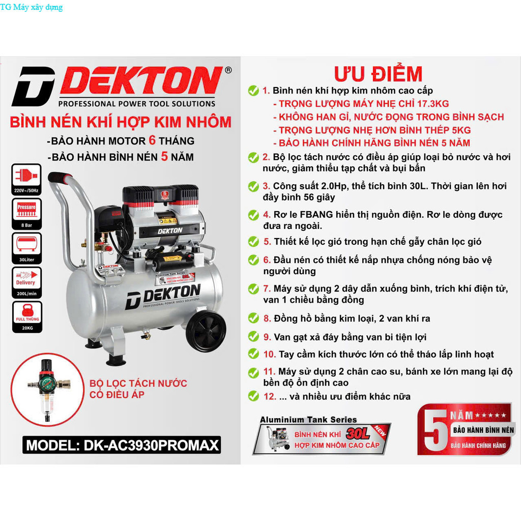 Máy nén khí dekton DK-AC3930Pro , 30lít 2hp , có tách lọc nước TG Máy xây dựng