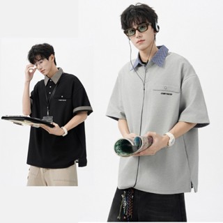  YOUTANG American retro giả hai mảnh nối cổ kẻ sọc áo sơ mi polo mùa hè dáng rộng dành cho nam và nữ 