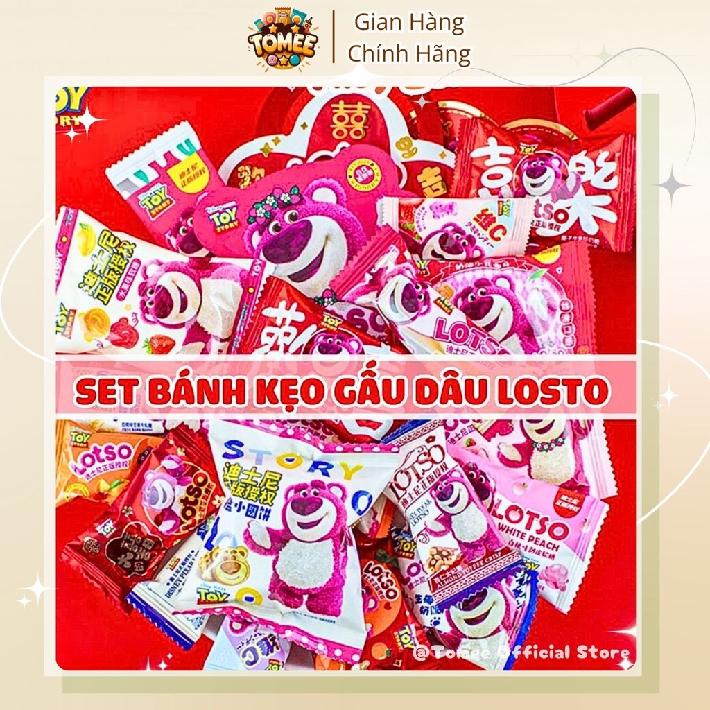Set 1KG Bánh Kẹo Gấu Dâu Losto MIni, Kẹo Dẻo Gấu Dâu, Bánh Quy Gấu Dâu, Set Gấu Dâu Losto Quà Tặng C