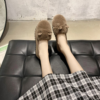 NAIPINGZHIZAO Giày nữ nơ bướm tai thỏ giữ ấm lót nhung 3cm