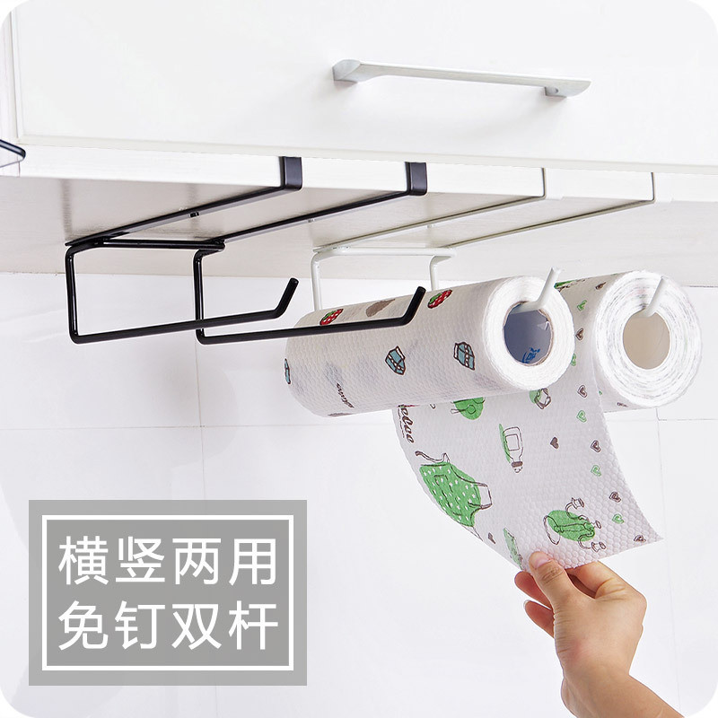 Hot Sale#Kitchen Towel Rack Punch-Free Cabinet Double Rod Roll Paper Lazy Rag Rack Kitchen Plastic W