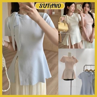  Áo thun nữ áo kiểu nữ xẻ tà thắt nơ lệch tiểu thư áo thun cổ tròn dệt kim vai nơ xẻ tà bên hông nữ tính A27 SUTANO 