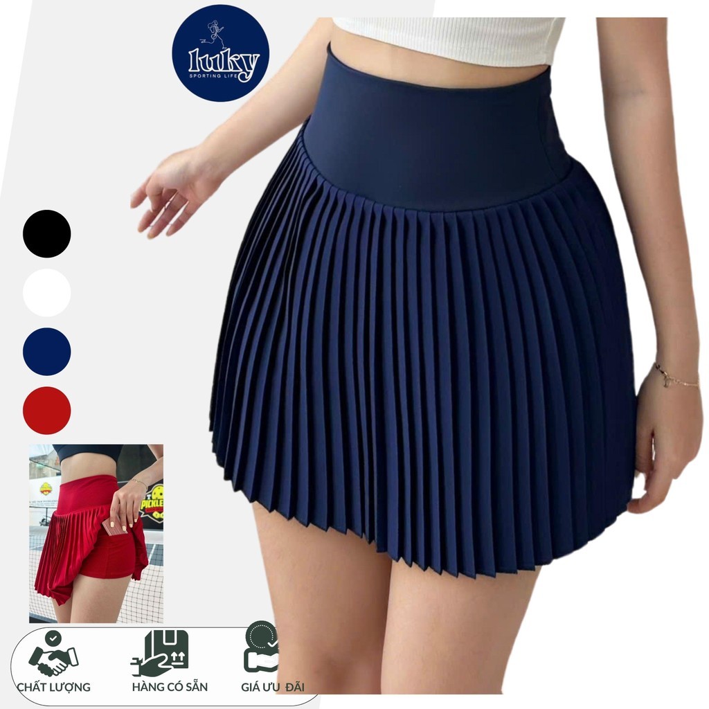 Váy Xòe tập gym, Cầu Lông,Chạy Bộ, pickleball, Thể Thao đa năng LUKY Xếp ly 1cm Váy 2 Lớp, Cạp cao ,Có Túi Trong V01