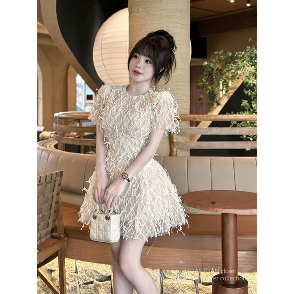 Bigsize Đầm thiết kế dự tiệc tua rua dáng ngắn 55-95kg D468