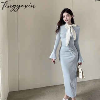 Tingyaxiu Đầm ôm Tính Khí Phong Cách Nữ loe Tay Dài thon gọn vừa vặn hông Váy Dài Thu Đông Thắt nơ Váy Chữ A