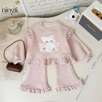 Set Thu Đông Bộ Áo Nỉ Họa Tiết Mèo Quần Loe Hồng Cho Bé Gái 1-8 Tuổi MINTSCLOSET Quảng Châu - GA2303