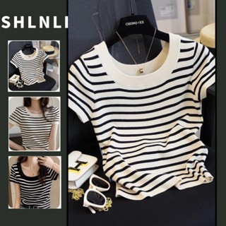  Mùa Hè Nữ Băng Lụa Sọc Tay Ngắn Plus Kích Thước Áo Thun Cổ Vuông Dệt Kim Ngắn Slim Fit Top 