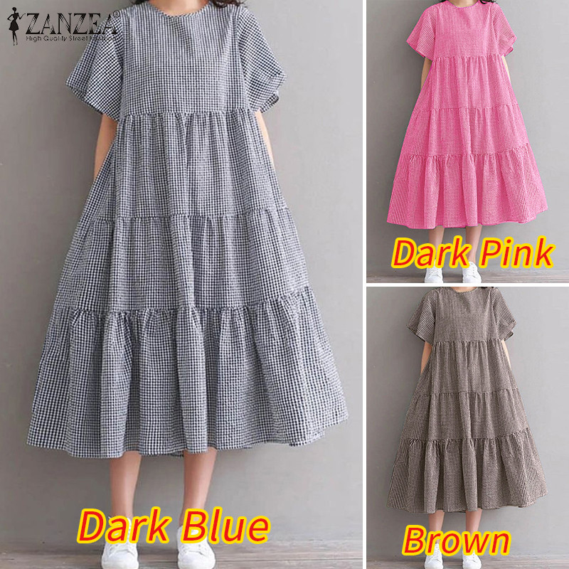 Đầm kẻ sọc dáng rộng cổ tròn ngắn tay ZANZEA dành cho nữ Hàn Quốc | BigBuy360 - bigbuy360.vn