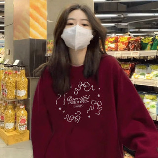  Áo sweater nơ nữ đỏ noel tết 2025 Salute áo nỉ dài tay cổ tròn form rộng mùa đông hàn quốc 