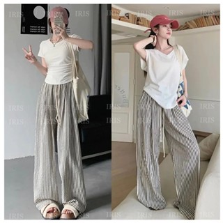 Quần suông dài kẻ sọc cạp cao, ống rộng thoáng mát, phong cách Ulzzang cho mùa hè năng động.