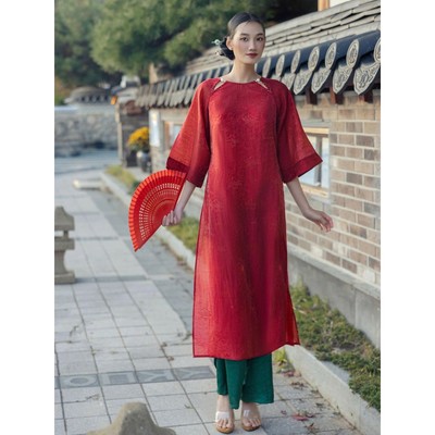 Áo Dài Nữ Tết JOVEN Chu Sa Cổ Tròn Tay Loa Lửng Lót Lụa Thanh Lịch (KHÔNG KÈM QUẦN)