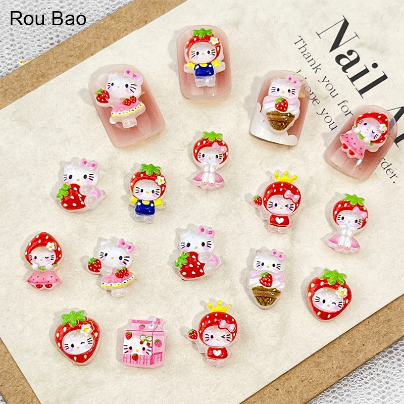 Rou Bao 50 Chiếc Móng Tay Dâu Kitty Series Sữa Kem Hoạt Hình Dễ Thương Nhựa Móng Tay Nghệ Thuật DIY Quyến Rũ Trang Trí